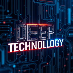 The phrase "Deep Technology" intricately designed in a bold and futuristic font, with digital elements such as circuit patterns, binary code, and glowing neon accents integrated into the lettering