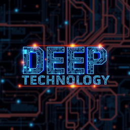 The phrase "Deep Technology" intricately designed in a bold and futuristic font, with digital elements such as circuit patterns, binary code, and glowing neon accents integrated into the lettering