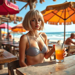 A 22-year-old girl with a short blonde bob hairstyle, dressed in a crop-top thistle-colored bikini, sitting at a table at a beach bar