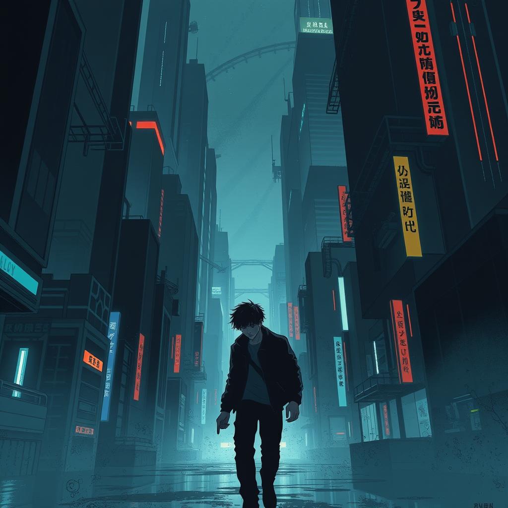 A shadowy sci-fi scene from a manhwa, featuring a young male protagonist navigating through a dimly lit futuristic cityscape