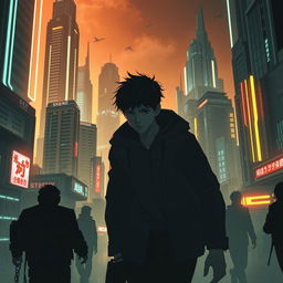 A shadowy sci-fi scene from a manhwa, featuring a young male protagonist navigating through a dimly lit futuristic cityscape