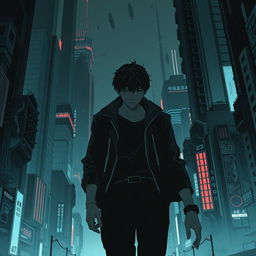 A shadowy sci-fi scene from a manhwa, featuring a young male protagonist navigating through a dimly lit futuristic cityscape