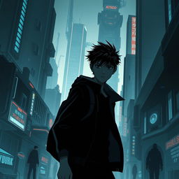 A shadowy sci-fi scene from a manhwa, featuring a young male protagonist navigating through a dimly lit futuristic cityscape