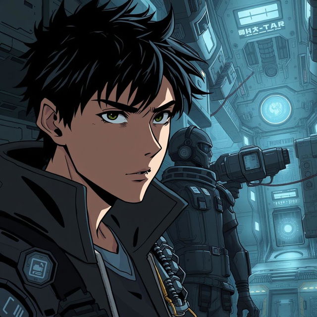 A dark sci-fi scene from a manhwa featuring a young male protagonist in a futuristic, dystopian setting