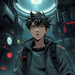 A dark sci-fi scene from a manhwa featuring a young male protagonist in a futuristic, dystopian setting