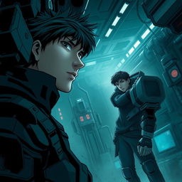 A dark sci-fi scene from a manhwa featuring a young male protagonist in a futuristic, dystopian setting