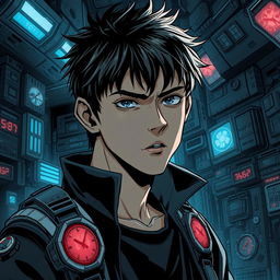 A dark sci-fi scene from a manhwa featuring a young male protagonist in a futuristic, dystopian setting