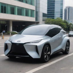 A futuristic Toyota car parked on the street of a technologically advanced city, viewed from a distance