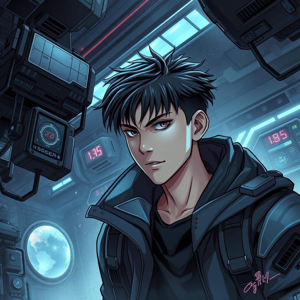 A dark sci-fi scene from a manhwa featuring a young male protagonist in a futuristic, dystopian setting