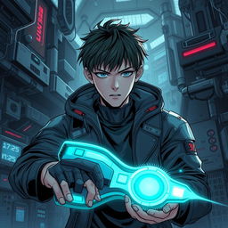 A dark sci-fi scene from a manhwa featuring a young male protagonist in a futuristic, dystopian setting