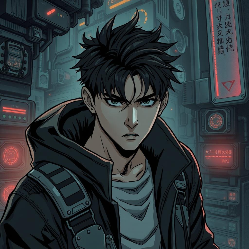 A dark sci-fi scene from a manhwa featuring a young male protagonist in a futuristic, dystopian setting