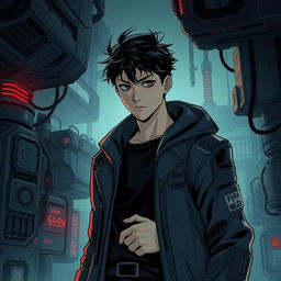 A dark sci-fi scene from a manhwa featuring a young male protagonist in a futuristic, dystopian setting