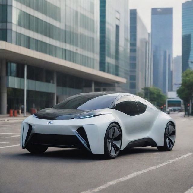 A futuristic Toyota car parked on the street of a technologically advanced city, viewed from a distance