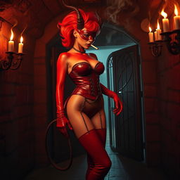 Inside a dark dungeon lit by flickering smoky torches, a red humanoid cat-like figure evokes a sense of sinister allure