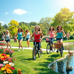 A vibrant scene depicting a healthy lifestyle: a diverse group of people engaging in outdoor activities such as jogging, yoga, and cycling in a sun-drenched park