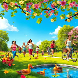 A vibrant scene depicting a healthy lifestyle: a diverse group of people engaging in outdoor activities such as jogging, yoga, and cycling in a sun-drenched park