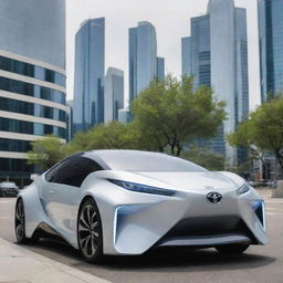 A futuristic Toyota car parked on the street of a technologically advanced city, viewed from a distance