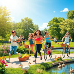 A vibrant scene depicting a healthy lifestyle: a diverse group of people engaging in outdoor activities such as jogging, yoga, and cycling in a sun-drenched park