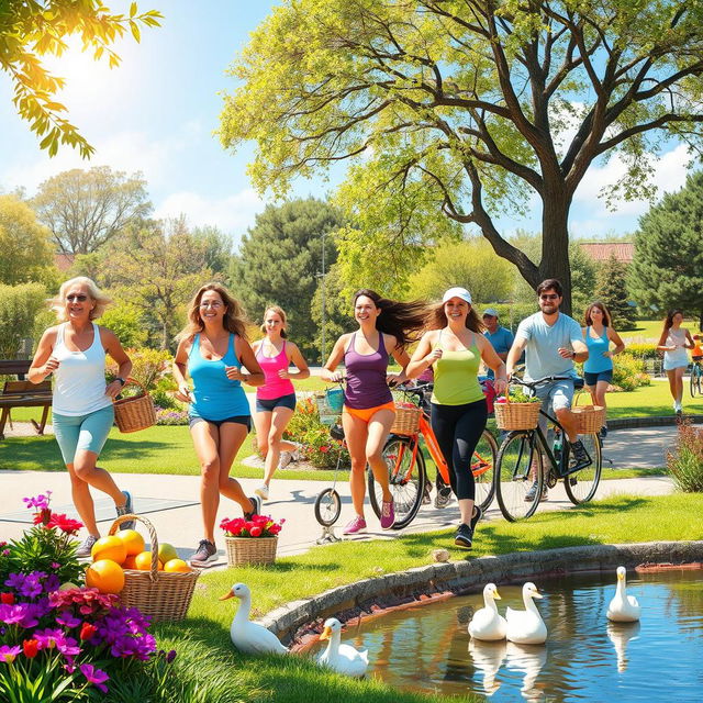 A vibrant scene depicting a healthy lifestyle: a diverse group of people engaging in outdoor activities such as jogging, yoga, and cycling in a sun-drenched park