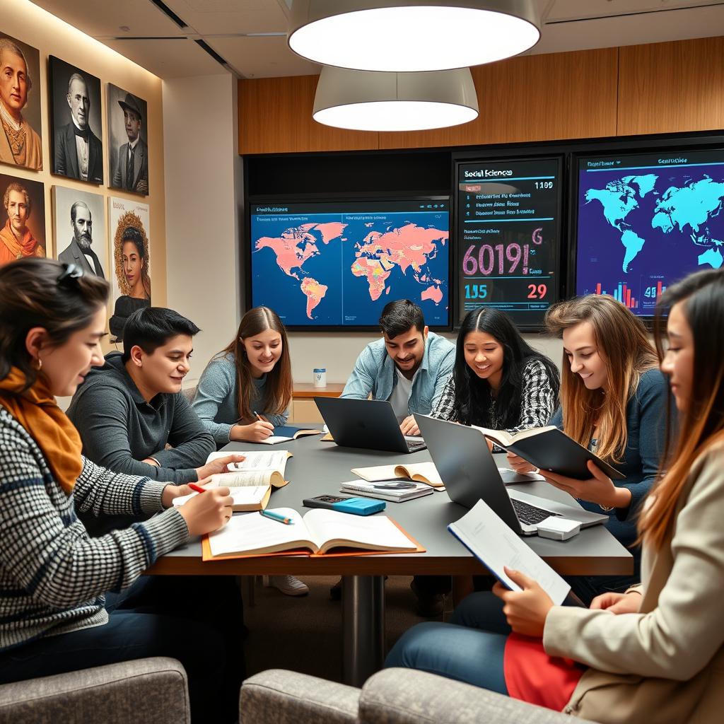 A group of young adults studying social sciences in a modern, well-equipped study space