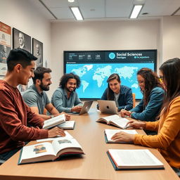 A group of young adults studying social sciences in a modern, well-equipped study space