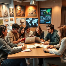 A group of young adults studying social sciences in a modern, well-equipped study space