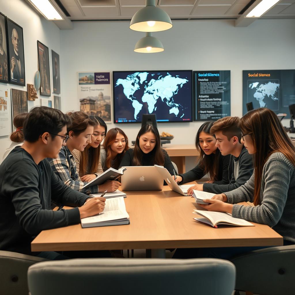 A group of young adults studying social sciences in a modern, well-equipped study space