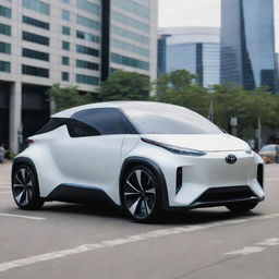 A futuristic Toyota car parked on the street of a technologically advanced city, viewed from a distance