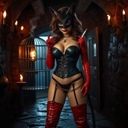 Inside a dark dungeon lit by flickering smoky torches, a feline-like woman adds an element of intrigue with her mask featuring cat ears stretching towards infinity