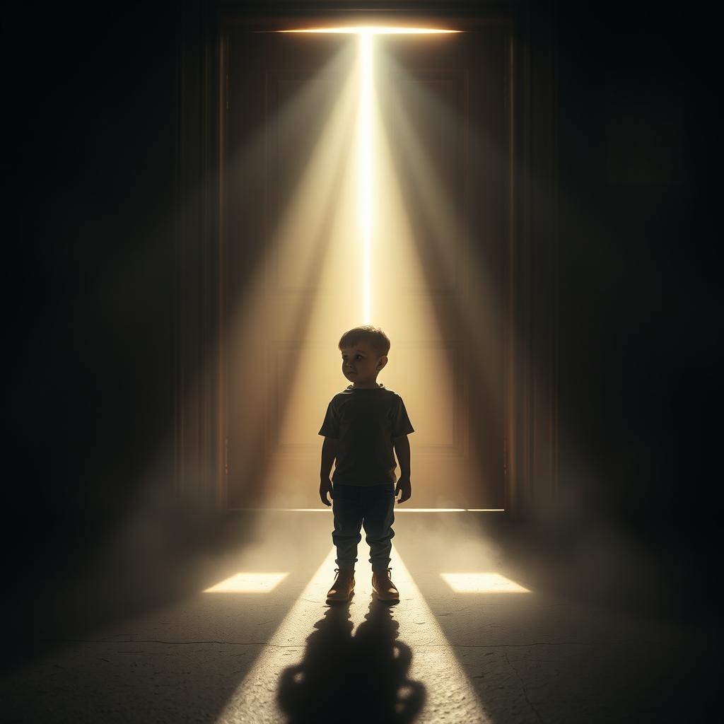 A boy standing in front of a brown door with sunlight filtering through the cracks, illuminating the scene