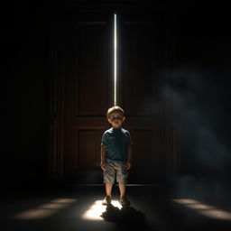 A boy standing in front of a brown door with sunlight filtering through the cracks, illuminating the scene