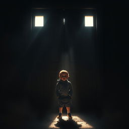 A boy standing in front of a brown door with sunlight filtering through the cracks, illuminating the scene