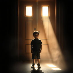 A boy standing in front of a brown door with sunlight filtering through the cracks, illuminating the scene