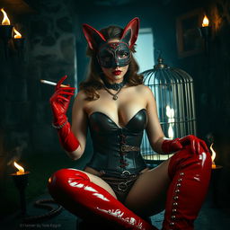 Inside a dark dungeon illuminated by flickering smoky torches, sits a feline-featured woman donned in a latex mask with infinitely extending cat ears