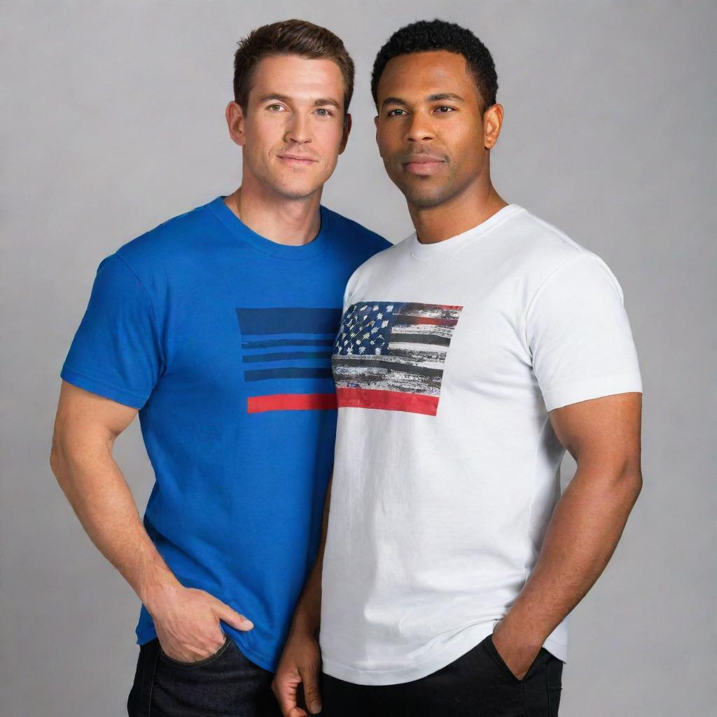 Design a set of compelling graphic t-shirts for 'POLICE' and 'FIREFIGHTER', integrating the thin blue and red line respectively on the front and back, incorporate the brand name 'CHAOTIC HERO APPAREL', and weave American patriotic elements into the art style.