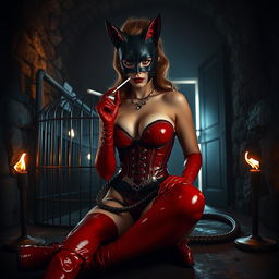 Inside a dark dungeon illuminated by flickering smoky torches, sits a feline-featured woman donned in a latex mask with infinitely extending cat ears