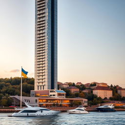 A stunning bionic skyscraper with 50 floors majestically stands on the bank of a river