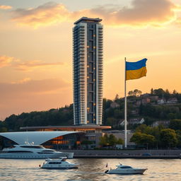 A stunning bionic skyscraper with 50 floors majestically stands on the bank of a river