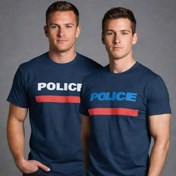 Design a set of compelling graphic t-shirts for 'POLICE' and 'FIREFIGHTER', integrating the thin blue and red line respectively on the front and back, incorporate the brand name 'CHAOTIC HERO APPAREL', and weave American patriotic elements into the art style.