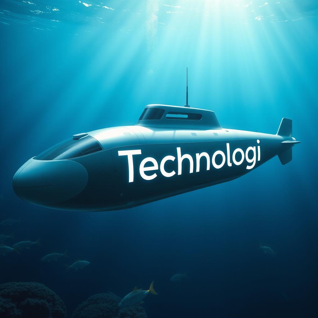 A sleek and modern submarine navigating underwater, with the word "Technology" prominently displayed on its side in a futuristic font