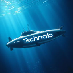 A sleek and modern submarine navigating underwater, with the word "Technology" prominently displayed on its side in a futuristic font