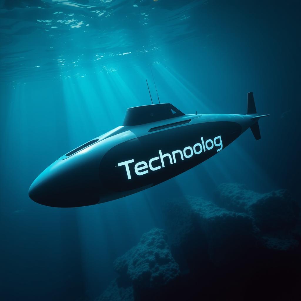 A sleek and modern submarine navigating underwater, with the word "Technology" prominently displayed on its side in a futuristic font