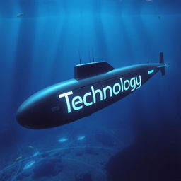 A sleek and modern submarine navigating underwater, with the word "Technology" prominently displayed on its side in a futuristic font