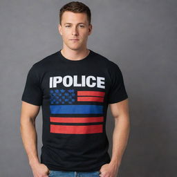 Design a set of compelling graphic t-shirts for 'POLICE' and 'FIREFIGHTER', integrating the thin blue and red line respectively on the front and back, incorporate the brand name 'CHAOTIC HERO APPAREL', and weave American patriotic elements into the art style.