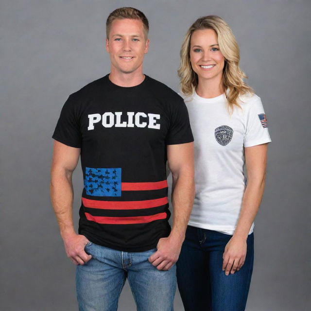 Design a set of compelling graphic t-shirts for 'POLICE' and 'FIREFIGHTER', integrating the thin blue and red line respectively on the front and back, incorporate the brand name 'CHAOTIC HERO APPAREL', and weave American patriotic elements into the art style.