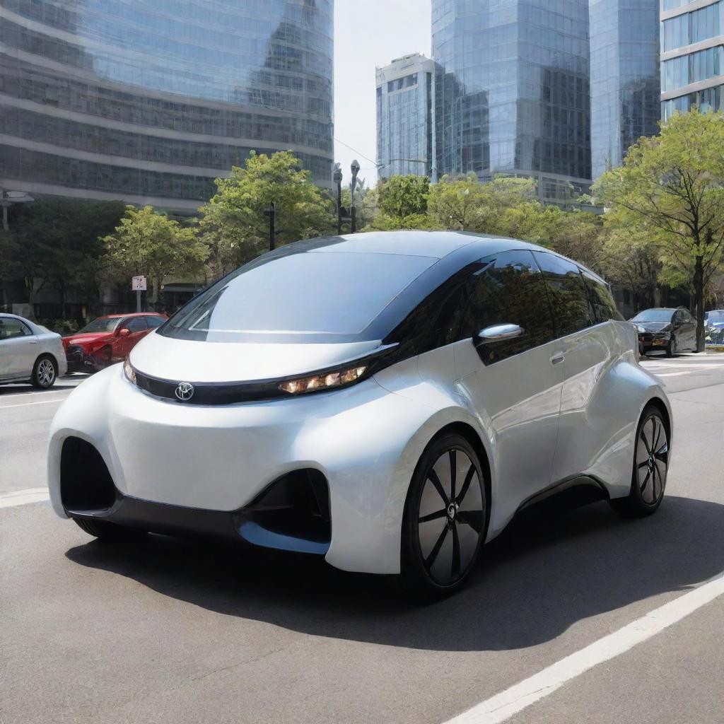 A futuristic Toyota car, powered by a solar system, parked on the bustling streets of a high-tech city.