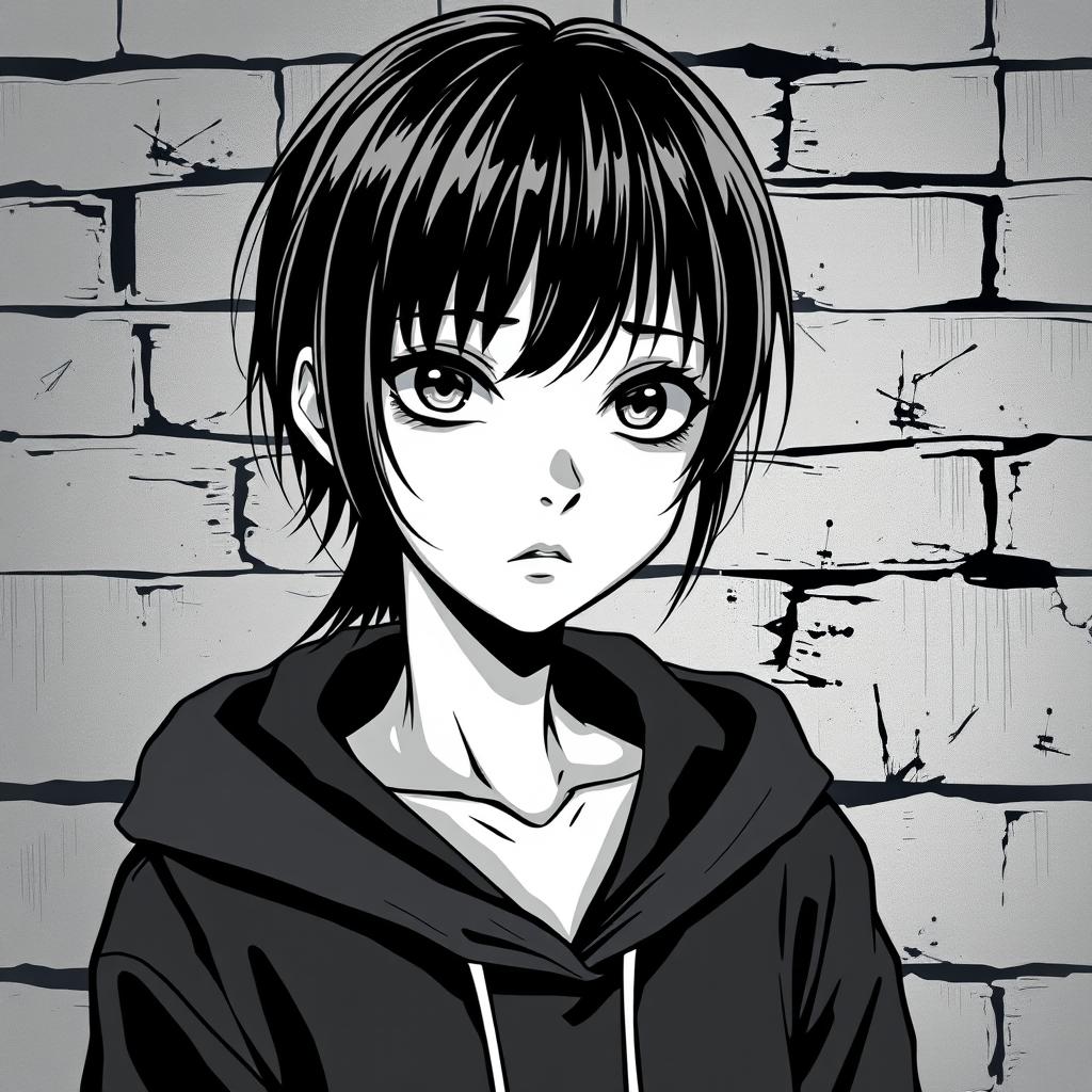 A close-up of a black-haired teenage girl wearing a hoodie, standing in front of a wall