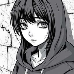 A close-up of a black-haired teenage girl wearing a hoodie, standing in front of a wall