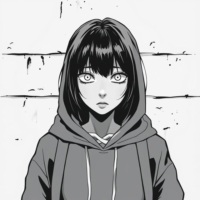 A close-up of a black-haired teenage girl wearing a hoodie, standing in front of a wall