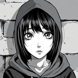 A close-up of a black-haired teenage girl wearing a hoodie, standing in front of a wall